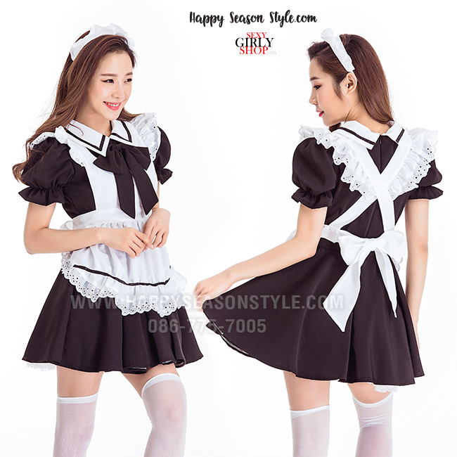 ชุดแฟนซี ชุดคอสเพลย์ ชุดเมด แม่บ้าน สาจ๋า - maid ชุดสาวเสิร์ฟ ดำ ผ้ากันเปื้อนขาว โบว์ดำ