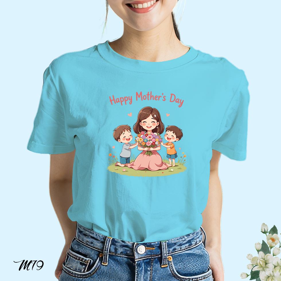 เสื้อยืดสีฟ้าวันแม่ สกรีนลาย Happy Mother Day M79 โพลีเอสเตอร์ 100% ตรงปก วันแม่ 12 สิงหาคม