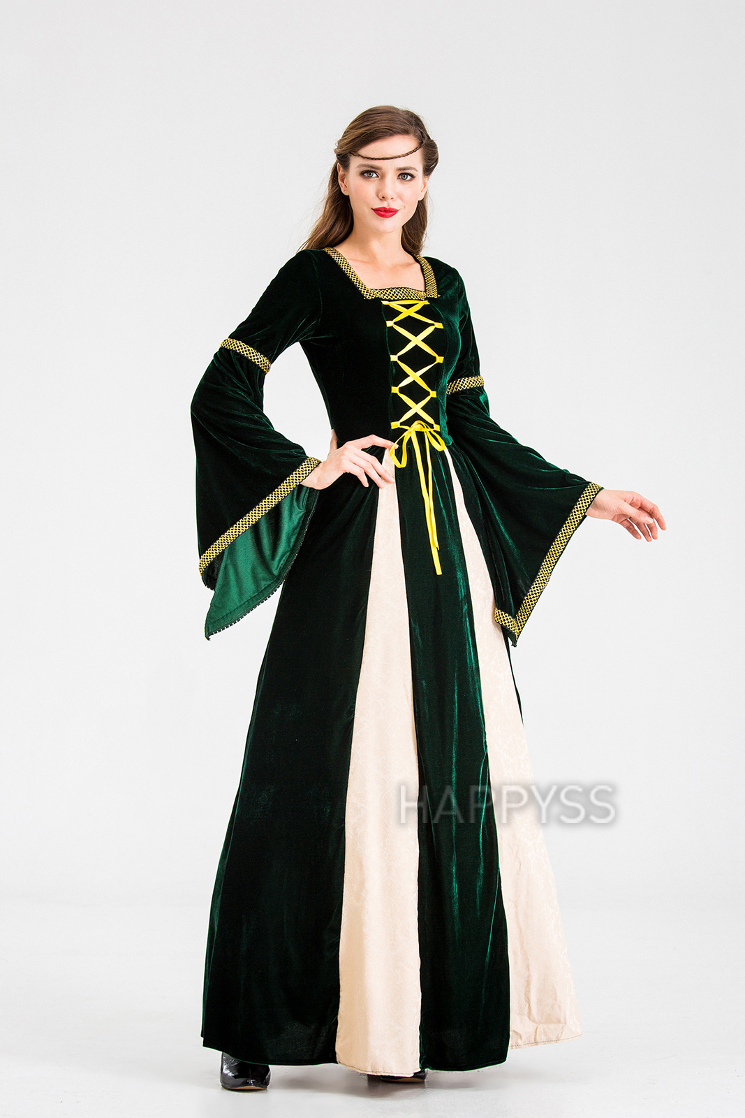 ชุดยุโรป ชุดย้อนยุค ผ้ากำมะหยี่ แทรกผ้า 2 แฉก ริบบิ้นเหลือง