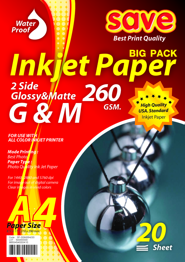กระดาษโฟโต้สองหน้า A4 ผิวมันและผิวด้าน G&M 260g (แพ็ค20แผ่น)