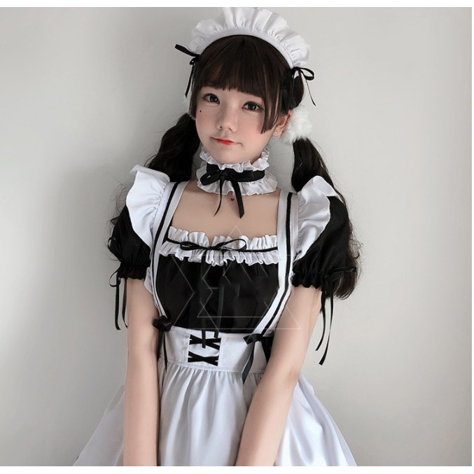 ชุดเมด ชุดคอสเพลย์ MAID ขาวดำ แต่งริบบิ้น 2 ชั้น ไซส์ S-4XL