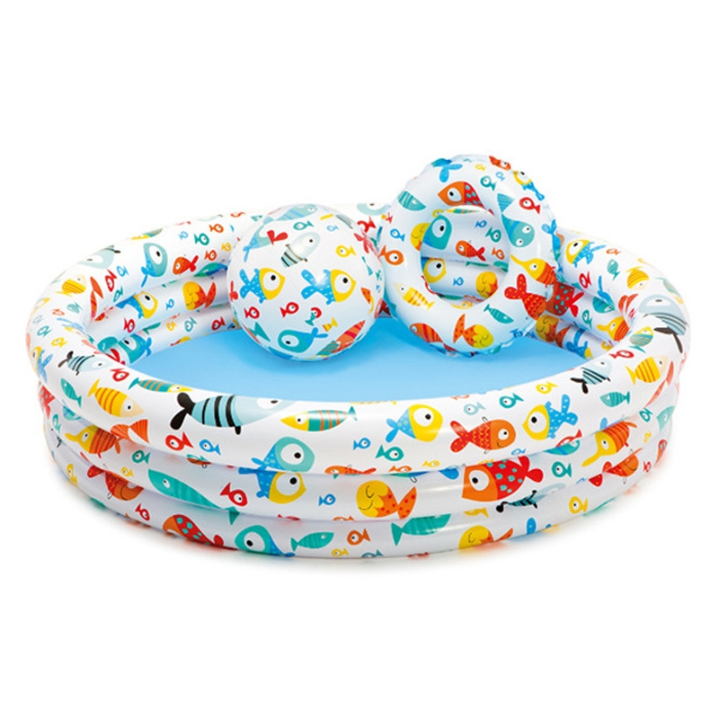 ชุดสระน้ำเด็ก พร้อมลูกบอลชายหาดและห่วงยาง ลายปลา Inflatable Baby Swimming Pool Set with Ring and Beach Ball