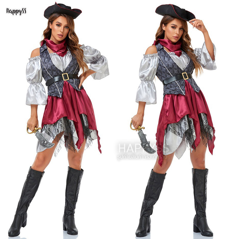 ชุดโจรสลัดหญิง ไหล่ปาดเสื้อกั๊กเทา สวยเท่สุดๆ พร้อมดาบ 🏍️💨ส่งไวจากไทย