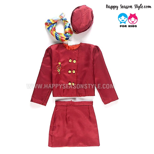 ชุดแอร์โฮสเตท สีแดงเลือดหมู แขนยาว พร้อมหมวก