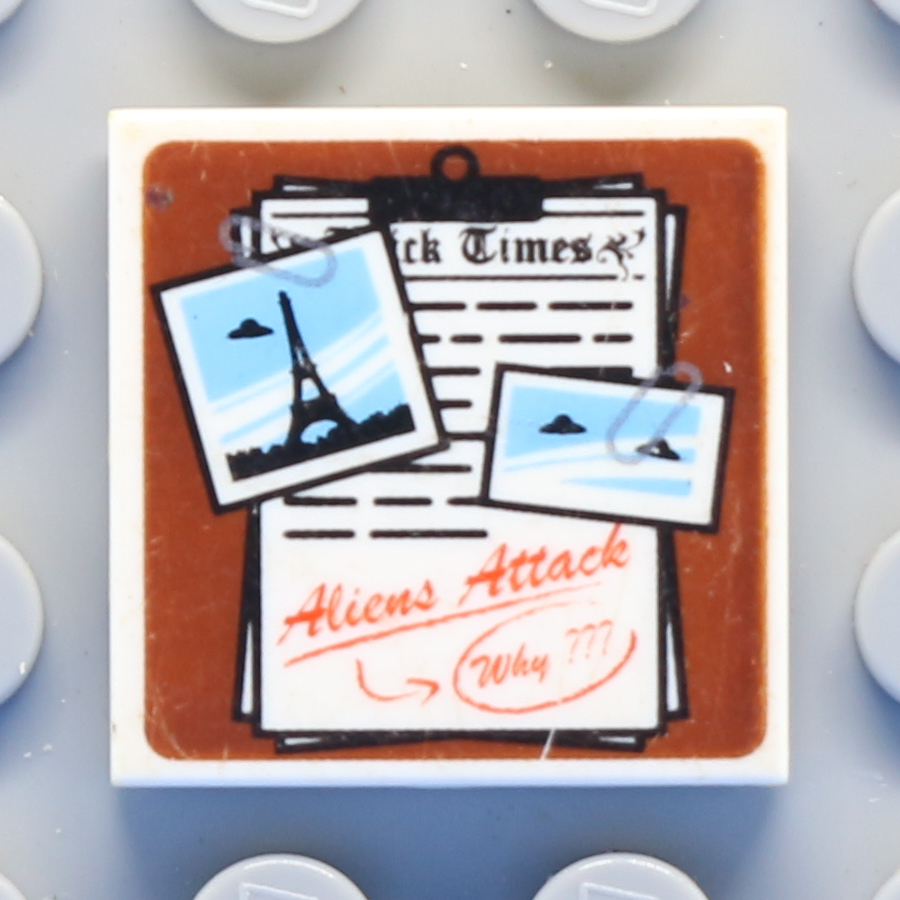 Tile 2 x 2 with Groove with 'Aliens Attack Why?', Clipboard and Photos Pattern