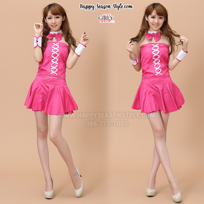 ชุดกระต่าย ชุดบันนี่ สีชมพู เกาะอก พร้อมหูกระต่าย