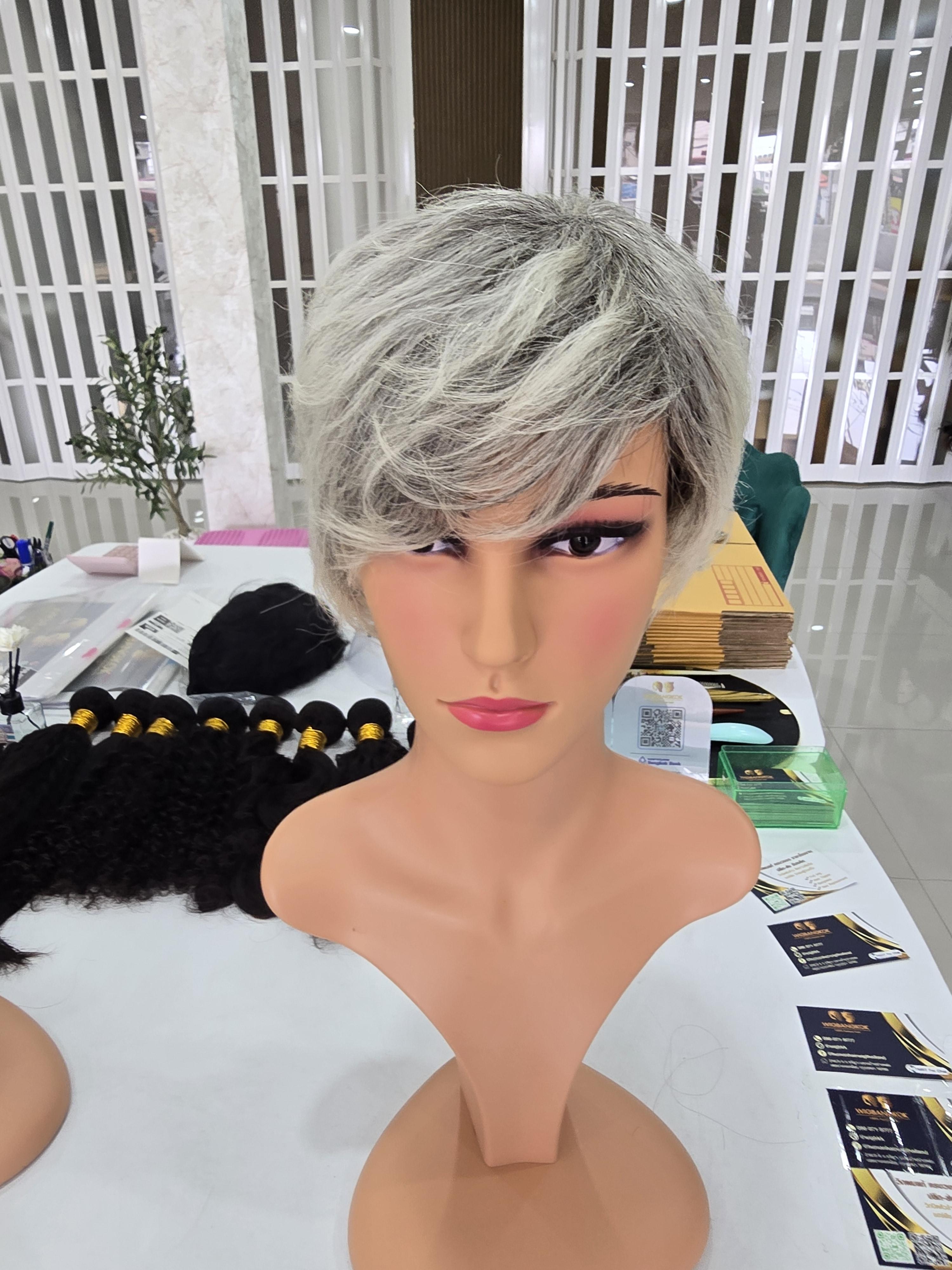 วิกผมหงอกผมขาว ผมแท้100% วิกผู้สูงอายุ คนแก่ ย้อมสีใหม่ได้ Human Hair Grey Wig for Old Women