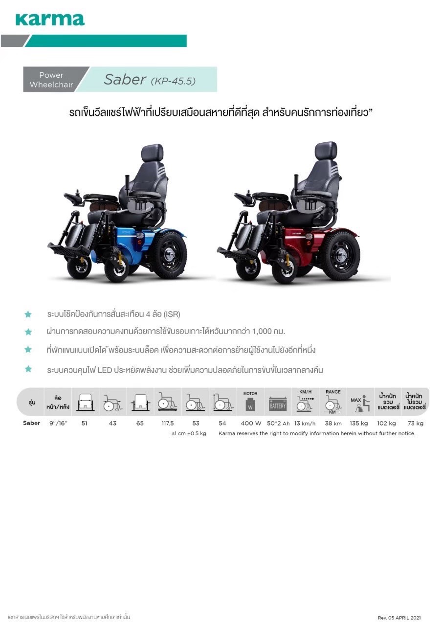 รถเข็นไฟฟ้าคาร์ม่า รุ่น Saber KP45.5 (Power WheelChair KARMA Saber KP45.5) สามารถปรับเอนนอนได้ รับประกันศูนย์ 5 ปี (รุ่น TOP)
