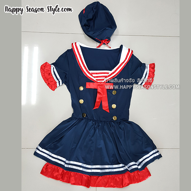 ชุดกะลาสี เดรสน้ำเงิน ลายขาวแดงที่อกพร้อมหมวกทรงกะลาสีทรงกลม