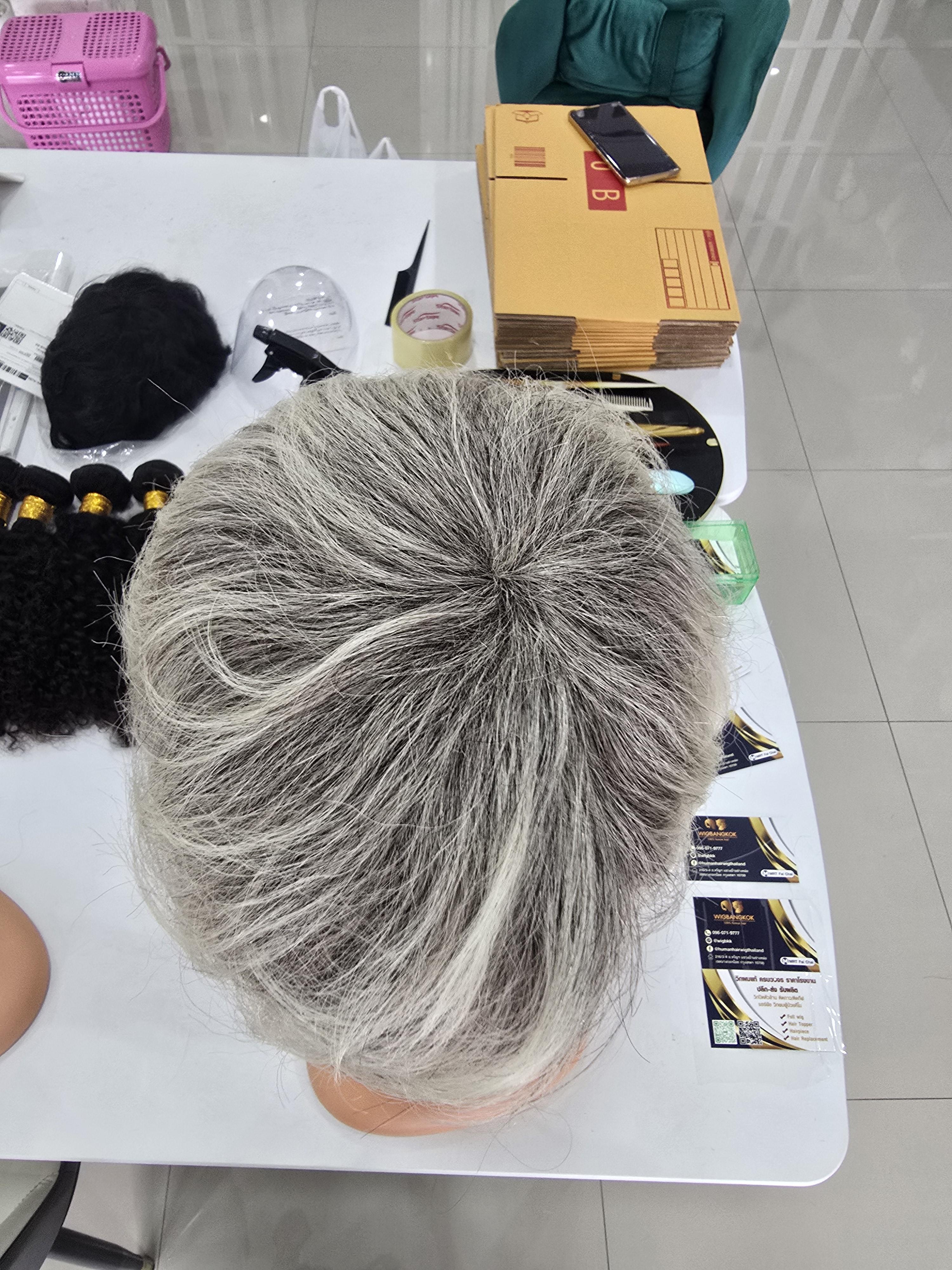 วิกผมหงอกผมขาว ผมแท้100% วิกผู้สูงอายุ คนแก่ ย้อมสีใหม่ได้ Human Hair Grey Wig for Old Women