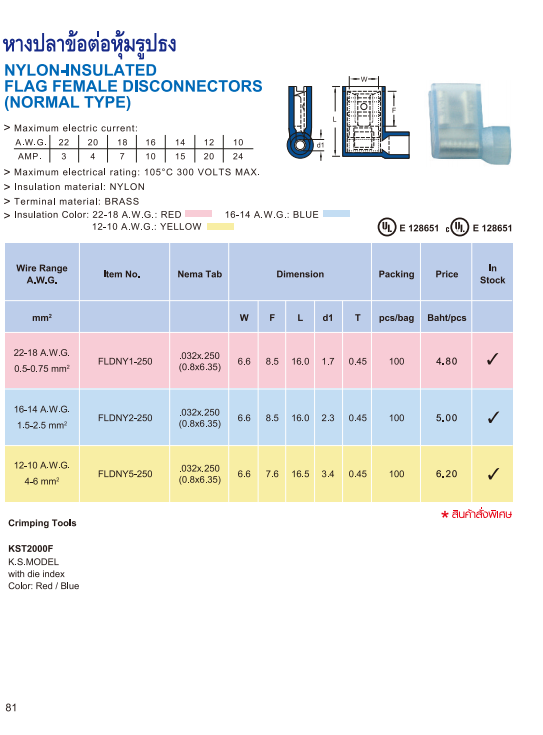 หางปลาข้อต่อหุ้มเต็มรูปธง,NYLON-INSULATED FLAG FEMALE DISCONNECTORS