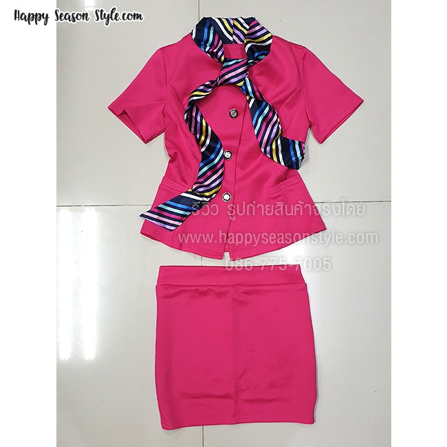 ชุดพนักงาน ชุดแอร์ ชุดยูนิฟอร์ม พนักงานต้อนรับ พีอาร์ ผ้าพันคอลายริ้ว สีชมพู ⚡️ส่งไวจากไทย