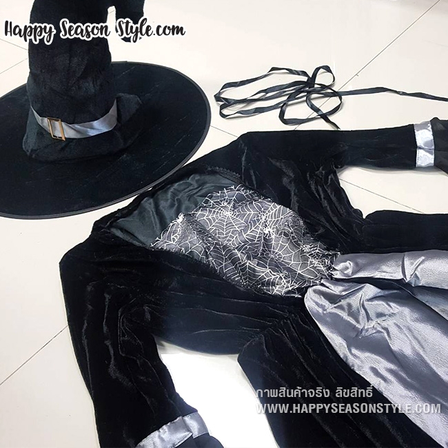 ชุดแม่มดยาว สีดำเทา มีหมวกแม่มด