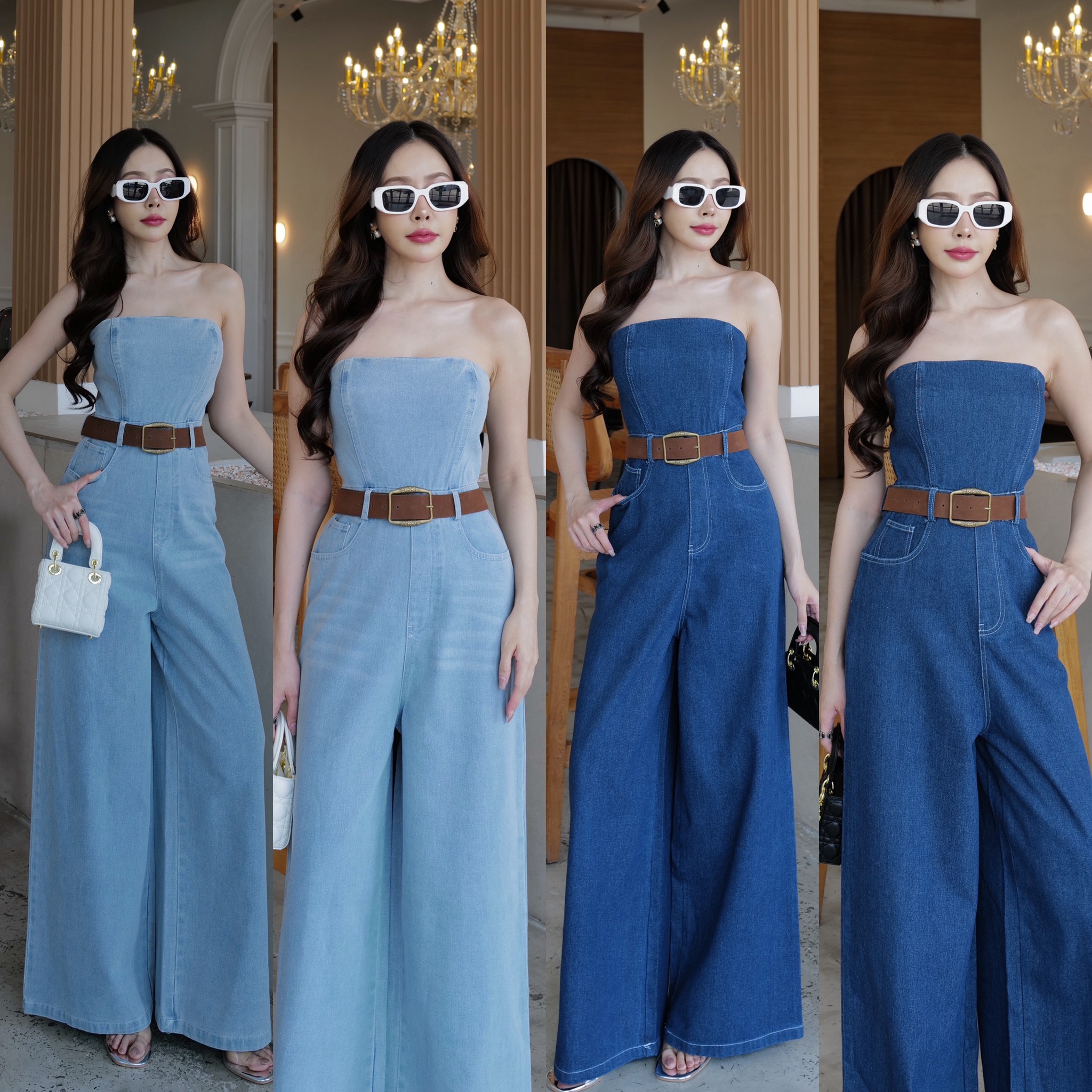 #5184 HILOOK จั้มขายาวยีนส์เกาะอก+เข็มขัด สีน้ำตาล ผ้ายีนส์แท้งานพรีเมียมงานดีมากกก