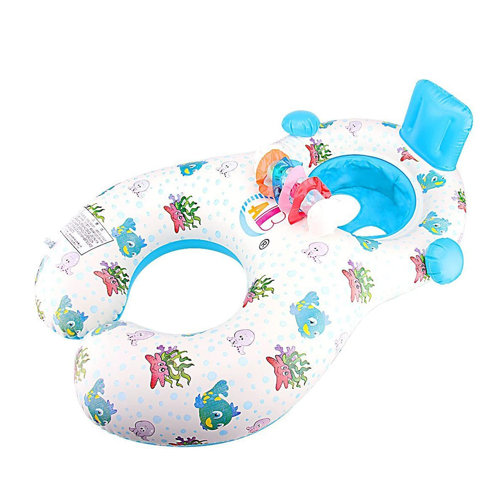 ห่วงยางเด็กและแม่ มีที่บังแดด สีฟ้า-ขาว Inflatable Blue-White Mom-Baby with Umbrella Pool Float
