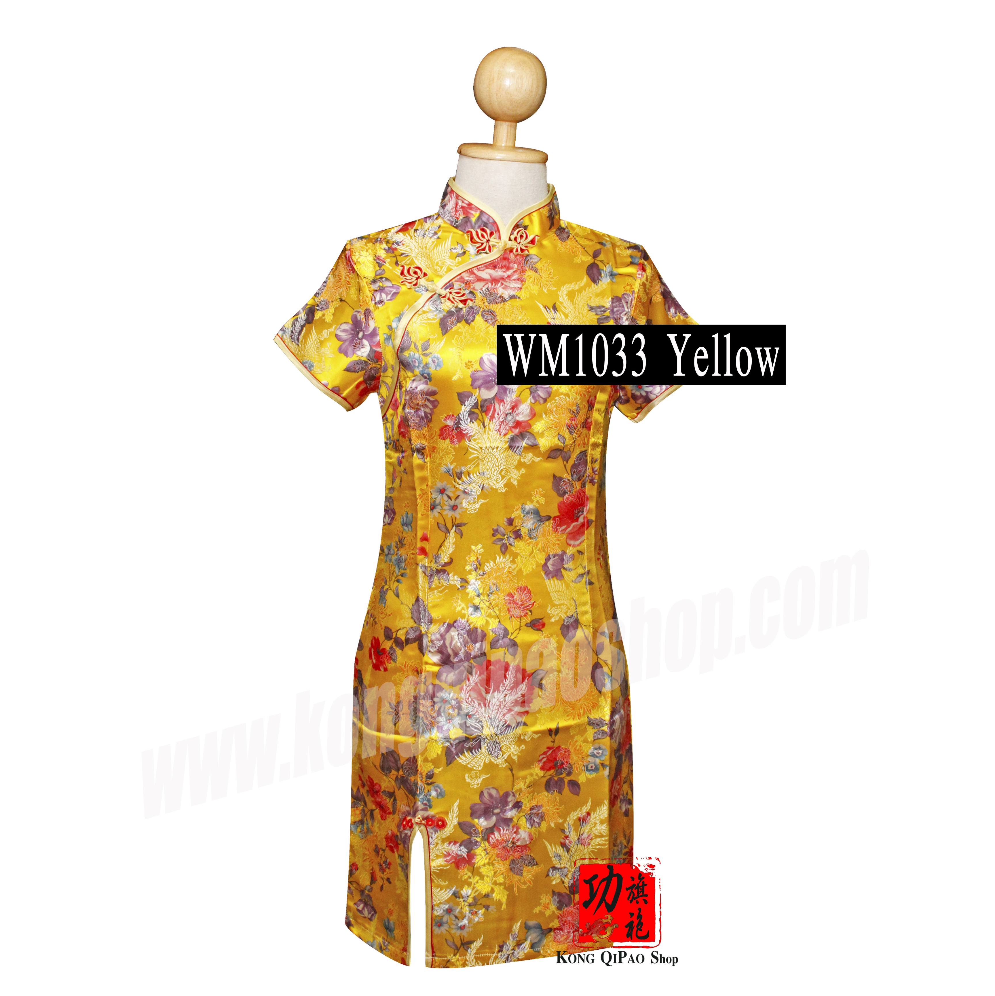 WM1033 กี่เพ้าสั้นผู้หญิง ลายหงส์และดอกโบตั๋น