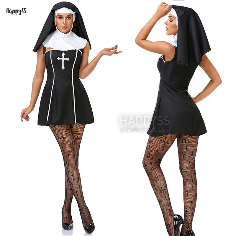 ชุดแม่ชี thenun นักบวช แม่ชีเซ็กซี่รุ่นแขนกุดพร้อมผ้าคลุมผม