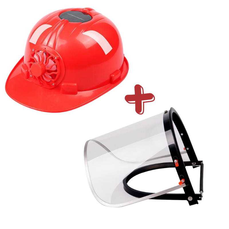 หมวกนิรภัย หมวกเซฟตี้ ติดพัดลมระบายความร้อน พลังงานแสงอาทิตย์+หน้ากากPVC (สีแดง)