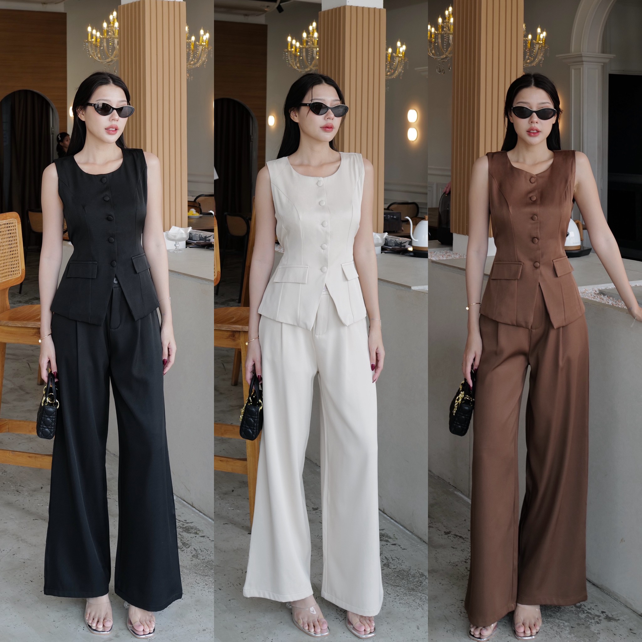 #9181 ชุดเชต เสื้อแขนกุดคอกลม กระดุมหน้าจริง กระเป๋าไม่สามารถใช้ได้จริง มีซับใน intuon