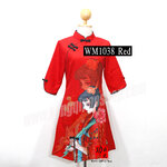 WM1038 กี่เพ้าสั้นผู้หญิง แขน 5 ส่วน ลายดอกบัวและผู้หญิง