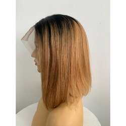 วิกผมแท้100% ทรงบ็อบ สีทูโทน โคนดำน้ำตาลทอง ผมยาว 14นิ้ว หนาพิเศษ180% แสกได้ทุกทาง ย้อมสีใหม่ได้