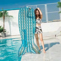 แพยางหางนางเงือก กลิตเตอร์ สีฟ้า Inflatable Mermaid Tail Blue Color Float With Glitter
