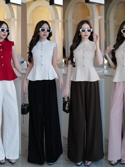 #4769 HILOOK ชุดเชต เสื้อตัวยาวปลายระบาย กระดุมเงินหน้าใช้ได้จริงแขนล้ำนิดๆ