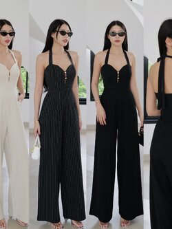 #9876 ชุดจั้มยาวขากระบอบผูกคอ แต่งกระดุมหน้า ทรงอกมีความเว้ารับอก intuon