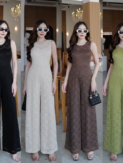 #9830 HILOOK ชุดจั้มยาวลูกไม้ แขนกุด ขากระบอบใส่สวย มีชับในสีเดียวกับชุด