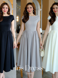 #5054 Iris Dress เดรสแขนเต่อ ทรงคอปาด ให้ลุคดูสวยแพงแบบเรียบหรู หุ่นสวย เนื้อผ้าฝ้ายผสมดีดลินิน
