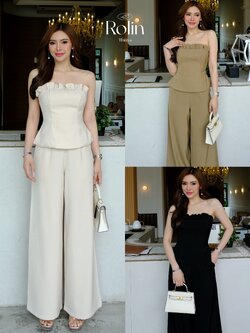 #4831 Rolin Set (เกาะอก+กางเกง) งานเซ็ตเสื้อเกาะอกทรงเก็บเอวปล่อยสะโพก แต่งระบายขอบอก thitiya