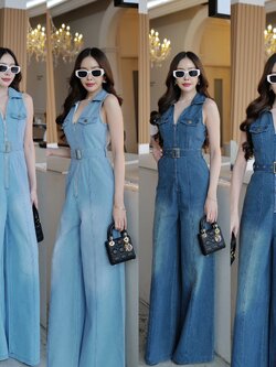 #4776 HILOOK จั้มยีนส์ขายาว+เข็มขัด ชิปหน้าใช้งานได้จริง กระเป๋าข้าง ผ้ายีนส์แท้ ไม่ยืด