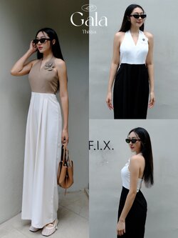 Gala jump - จั๊มยาวทูโทน คล้องคอ ติดเข็มกลัดดอกไม้ จับคู่สีคุมโทนใส่ง่าย ทรงกางเกงกระบอกใหญ่ thitiya