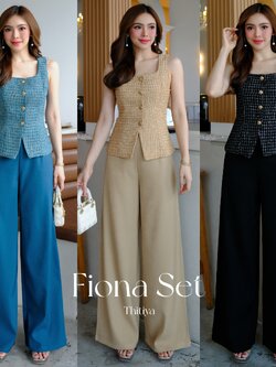 #5160 Fiona Set งานเซ็ต ตัวเสื้อผ้าทวิตทอสองสี ซับในอย่างดีทั้งตัว กระดุมทอง ตัวกางเกงทรงกระบอกตรง thitiya