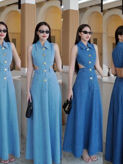 #4816 เดรสยาวยีนส์แท้ เว้าเอว คอปกกระดุมแต่งดีเทลเก๋สีทองวาว เนื้อผ้าพรีเมียมหนัก intuon