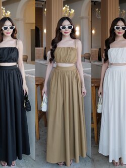 #5090HILOOK ชุดเชต เสื้อสายเดี่ยวครอปแต่งยับอกจับจีบ+กระโปรงยาวจับจีบรอบเอว