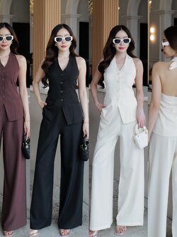 #5176 HILOOK ชุดเชต เสื้อผูกคอกระดุมหน้า แต่งกระเป๋า + กางเกงขากระบอบ ชิปหลัง