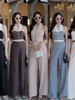 #4825 HILOOK ชุดเชต เสื้อครอปคอปกกระดุมใช้ได้จริง+กางเกงขายาวชิปด้านหลัง