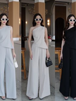 #5178 HILOOK ชุดเชต เสื้อไหล่เดียว สั้นข้างยาวข้าง ชิปข้าง ช่วงไหล่จับจีบ