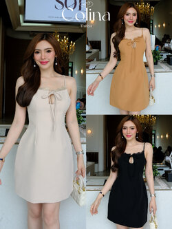 #5052 Colina Dress เดรสสั้นสายเดี่ยวปรับได้ แต่งอกลูกไม้ ทรงอกเว้าด้านหน้ามีเชือกให้ผูกโบว์ thitiya