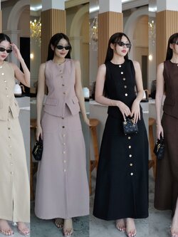 #5139#Eve 🎀 ชุดเชต เสื้อเวสสูทแขนกุดกระดุมทอง กระเป๋าหน้าใช้งานได้ มีชับใน + กระโปรงทรงเอ