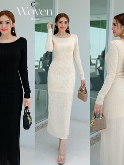 #5051 Woven Dress เดรสแขนยาวผ้าถักทอโปร่งเนื้อนิ่มใส่สบาย มีซับในช่วงตัวเป็นเดรสสั้น (แขนยาวไม่มีซับใน) thitiya