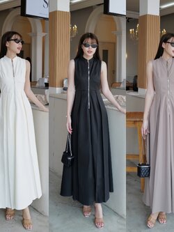 #4763 เดรสยาวแขนกุด ชิปหน้าใช้ได้จริง แต่งจีบช่วงกระโปรงทำให้กระโปรงมีทรงมีชับใน intuon