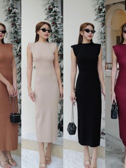 #0097#eve 🎀 เดรสยาวไหมพรมแขนล้ำ ผ้าไม่คัน ทรงเข้ารูปเก็บหุ่นเป๊ะมาก