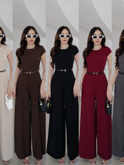 #9885 HILOOK ชุดจั้มขายาวมีแขน+เข็มขัด เรียบหรู คอกลม มีหูกางเกงใส่เข็มขัด ขากระบอบตรงสวยมากกก