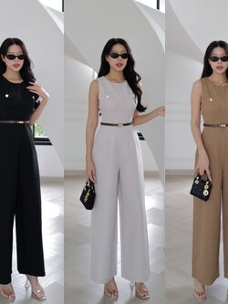 #9886 จั้มแขนกุดขายาว เรียบ คอกลมกว้าง แต่งกระดุมหน้าอก กระเป๋าจริง มีชับใน + เข็มขัด intuon